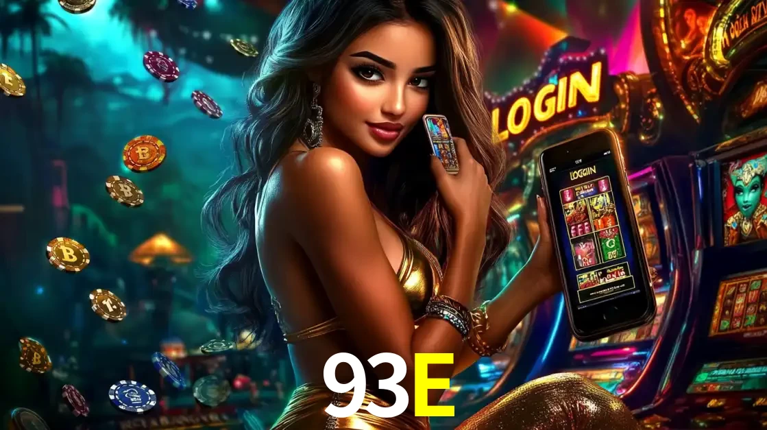 Mulher em um cenário de cassino temático de aventura, mostrando o app de caça-níqueis da 93E no celular. Fichas de apostas flutuam ao redor.