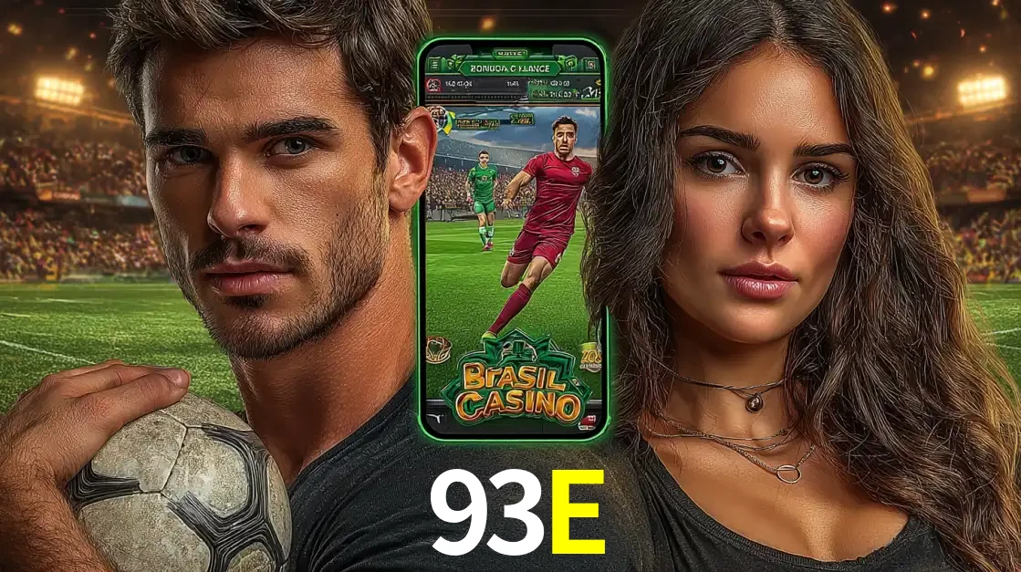 Homem segurando uma bola de futebol e uma mulher ao lado de um smartphone exibindo o jogo de apostas esportivas da 93E. Faça seu palpite no cassino online.